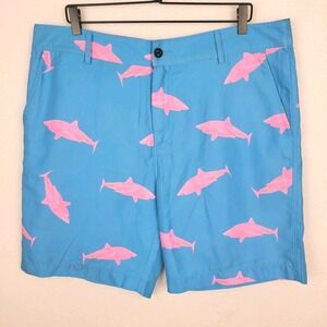 Native Blue Pink Shark Print Swim Trunks Mens M Board Shorts Zip Pocket Vacation